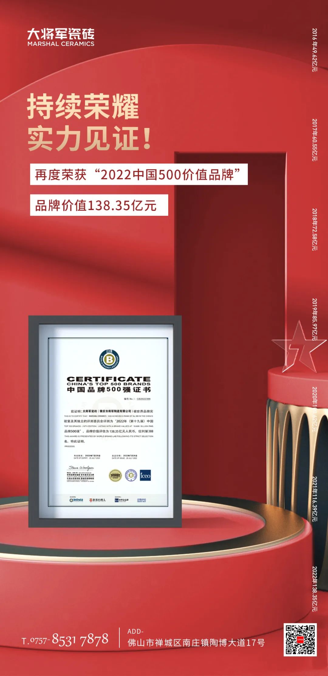 步履不停！138.35億元！大將軍瓷磚連續(xù)7年上榜中國(guó)500價(jià)值品牌！(圖3)
