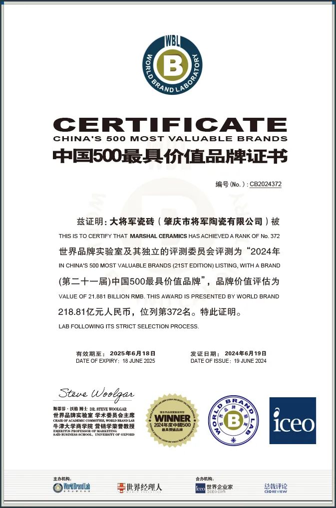 價(jià)值218.81億！大將軍瓷磚連續(xù)9年蟬聯(lián)“中國(guó)500價(jià)值品牌”榜(圖2)